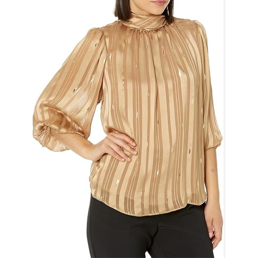 Zac & Rachel 3/4 Sleeve Mock High Neck Chiffon Blouse Gold Foil Shadow Stripe - Picture 10 of 10